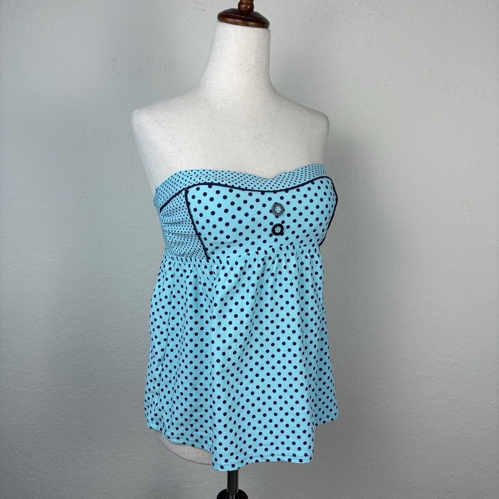 Y2K Women's M Strapless Top Babydoll Polkadot Blue 90s Retro Coastal - Picture 2 of 4